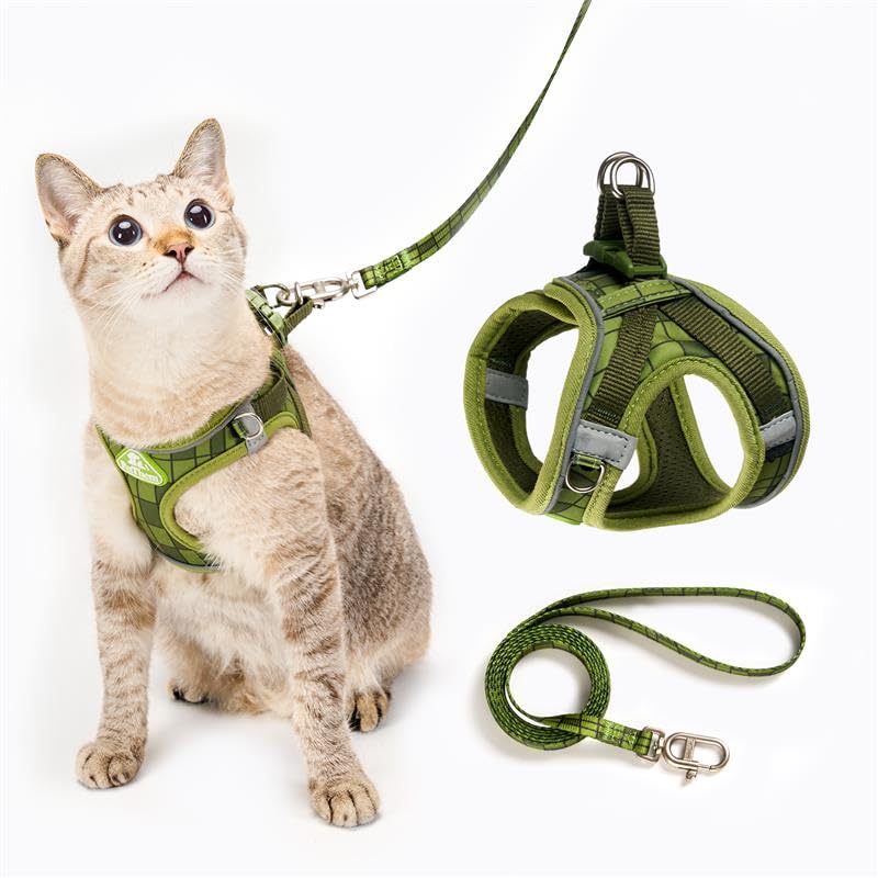 Cat Harness and Leash Set, Step-in Escape Proof Adjustable Vest Harness for Small Medium Large Cats, Lightweight Soft Breathable Reflective Kitten Harness for Walking Travel, Camping(Green, XS)