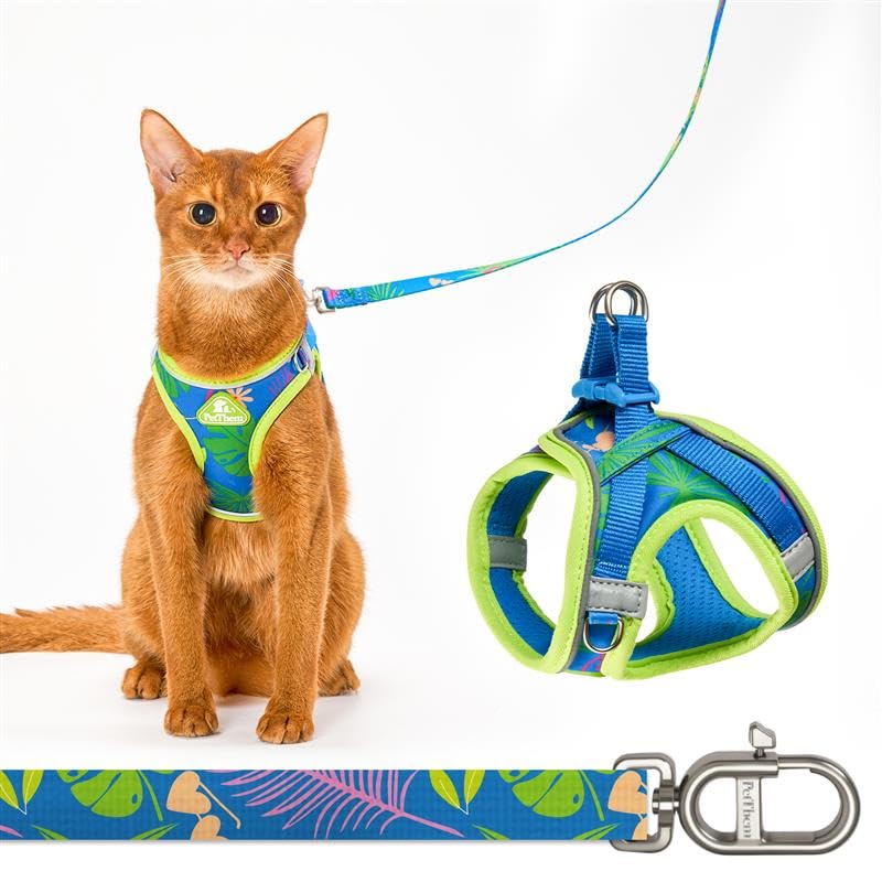 Cat Harness and Leash Set, Step-in Escape Proof Adjustable Vest Harness for Small Medium Large Cats, Lightweight Soft Breathable Reflective Kitten Harness for Walking Travel, Camping(Green, XS)