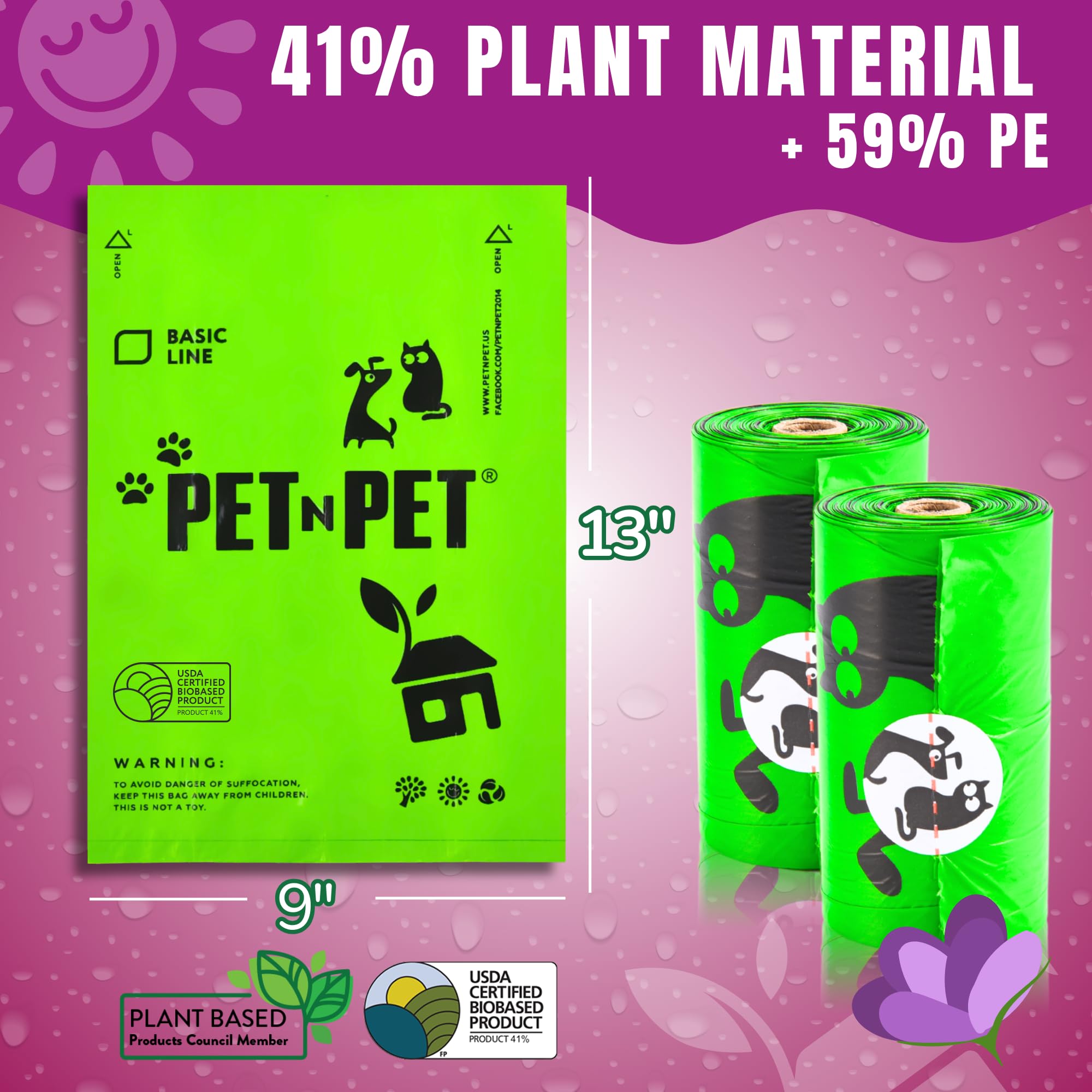 Pet N Pet 270 Counts Green Poop Bags for Dogs, 38% Plant Based & 62% PE Extra Thick Dog Poop Bags Rolls, 9" x 13", Unscented Dog Waste Bag, Pet Supplies for Dogs