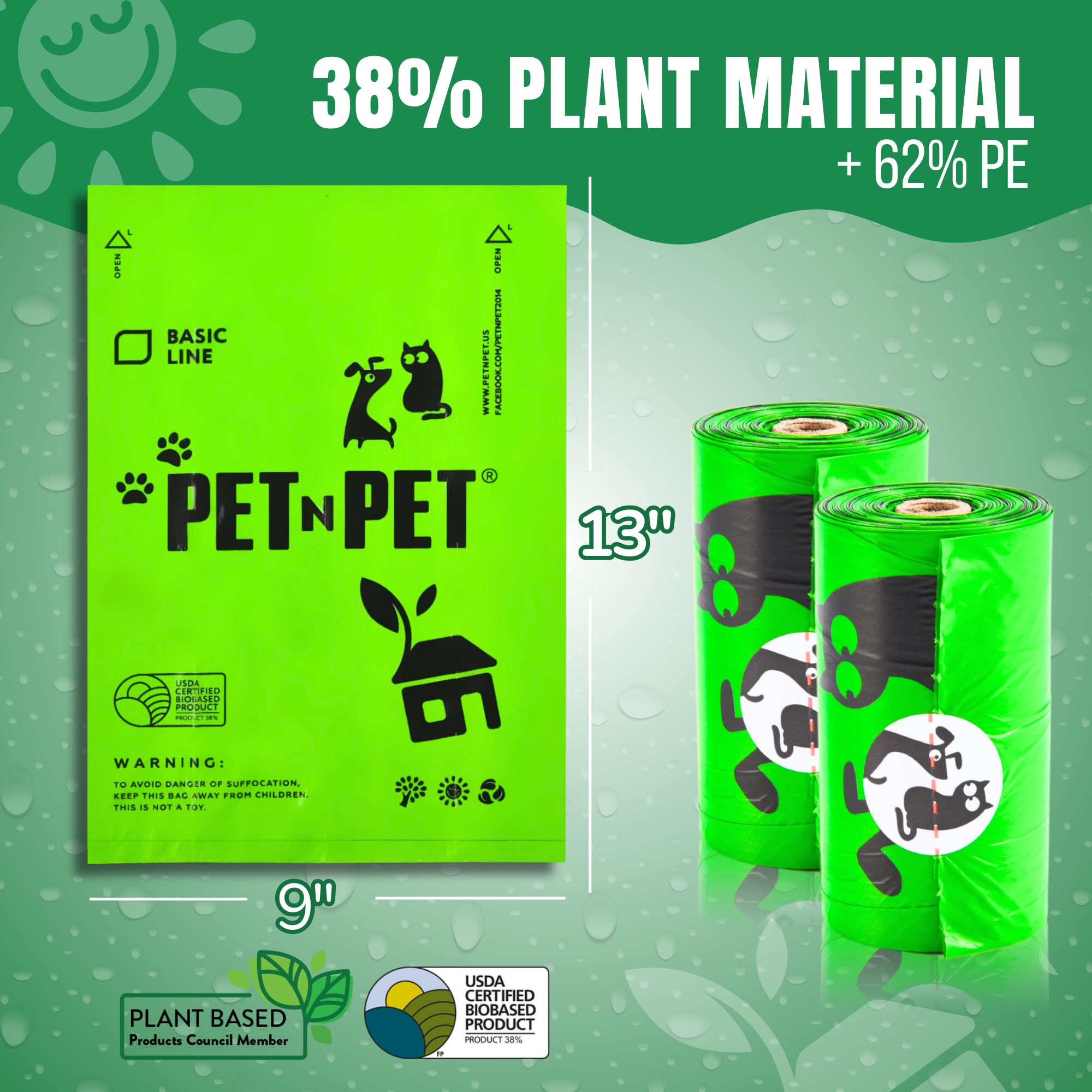 Pet N Pet 270 Counts Green Poop Bags for Dogs, 38% Plant Based & 62% PE Extra Thick Dog Poop Bags Rolls, 9" x 13", Unscented Dog Waste Bag, Pet Supplies for Dogs