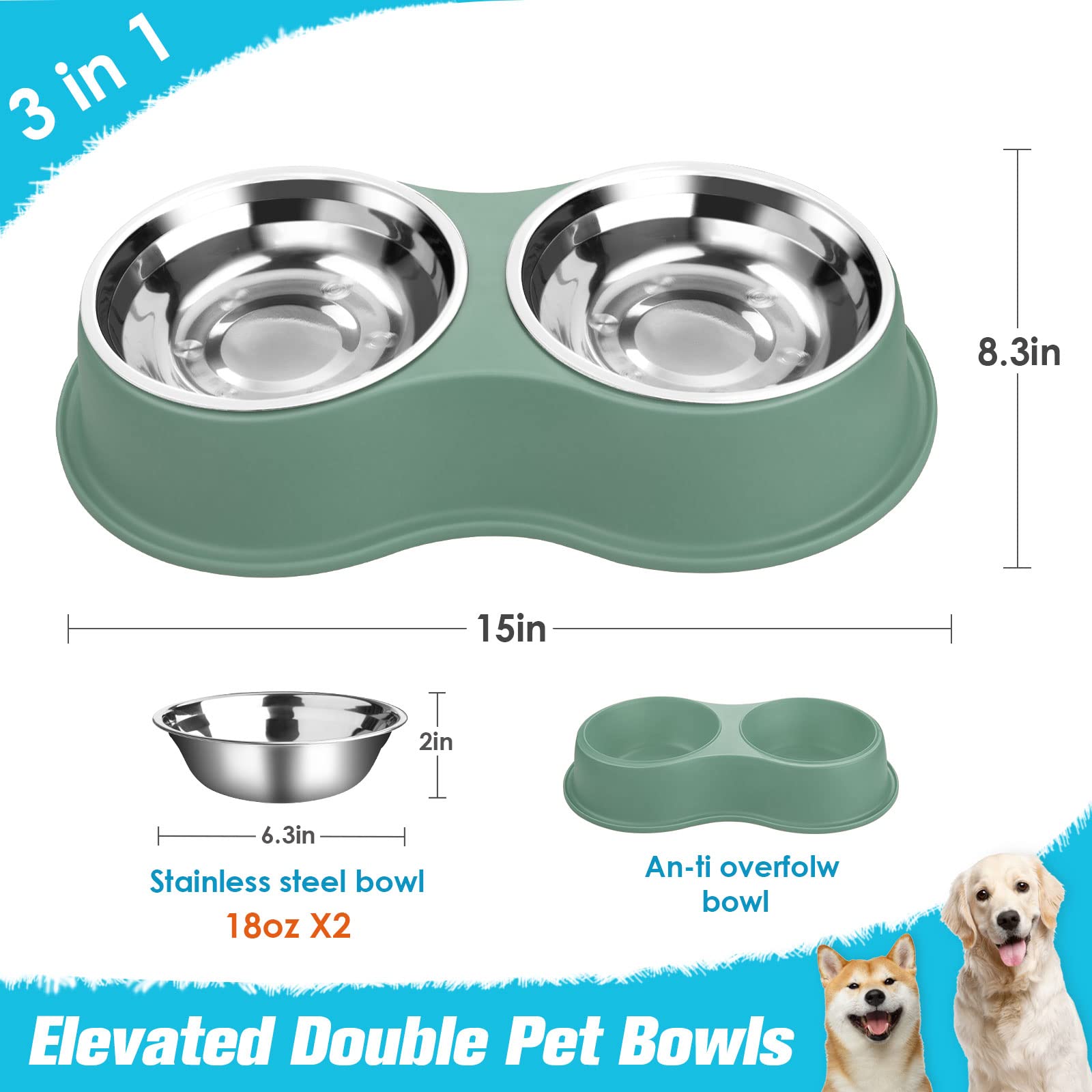 Dog Bowls Double Dog Water and Food Bowl Stainless Steel Bowl with Non-Slip Resin Station, Pet Feeder Bowls for Puppy Medium Dogs Cats