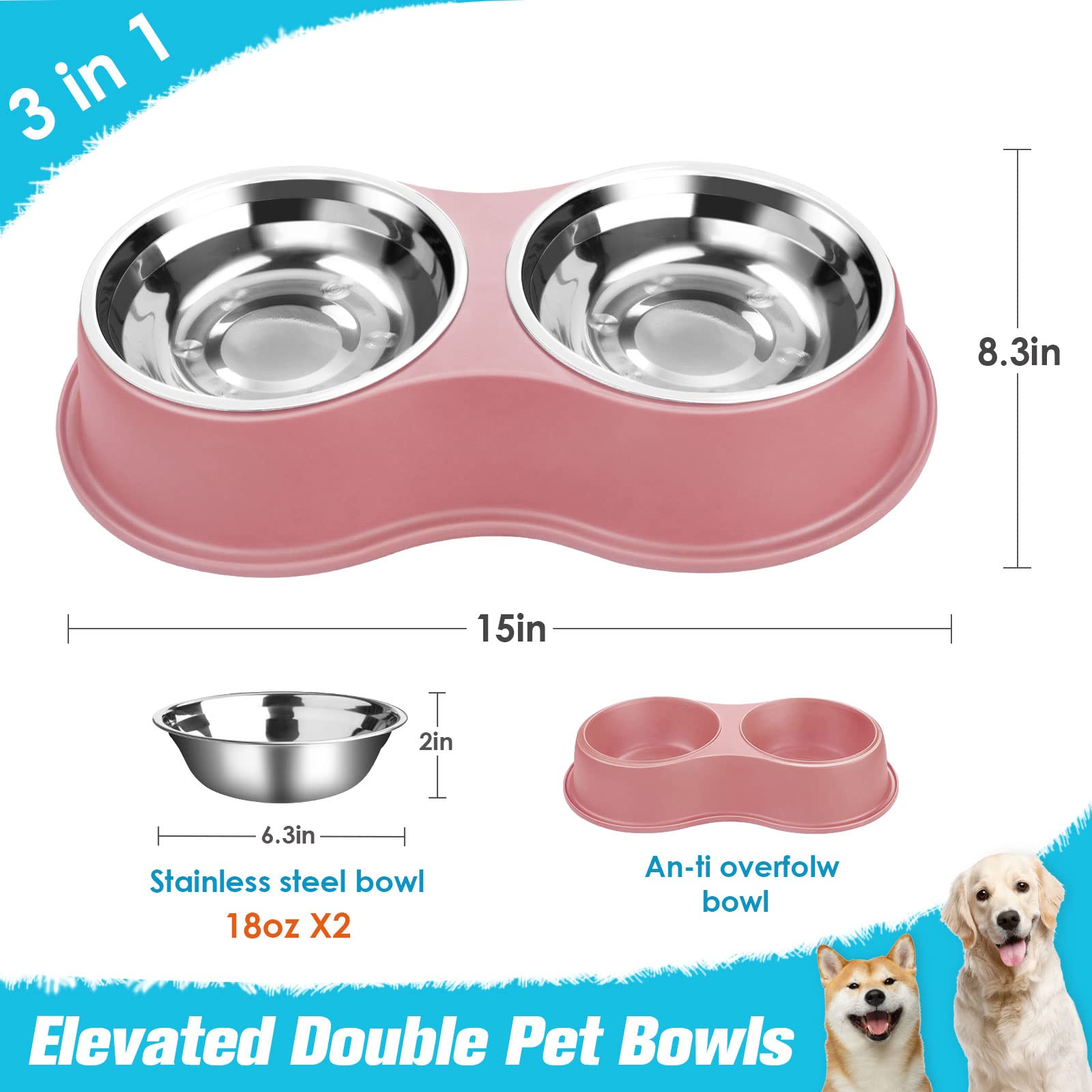 Dog Bowls Double Dog Water and Food Bowl Stainless Steel Bowl with Non-Slip Resin Station, Pet Feeder Bowls for Puppy Medium Dogs Cats