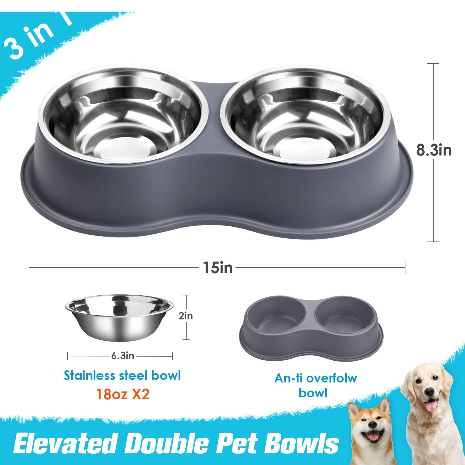Dog Bowls Double Dog Water and Food Bowl Stainless Steel Bowl with Non-Slip Resin Station, Pet Feeder Bowls for Puppy Medium Dogs Cats
