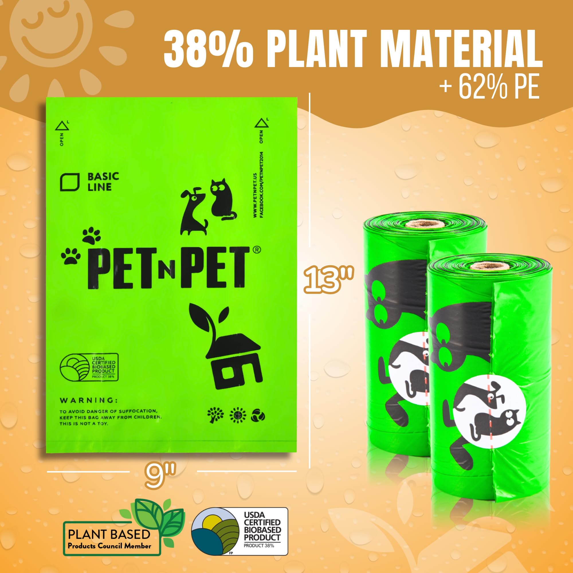 Pet N Pet 270 Counts Green Poop Bags for Dogs, 38% Plant Based & 62% PE Extra Thick Dog Poop Bags Rolls, 9" x 13", Unscented Dog Waste Bag, Pet Supplies for Dogs
