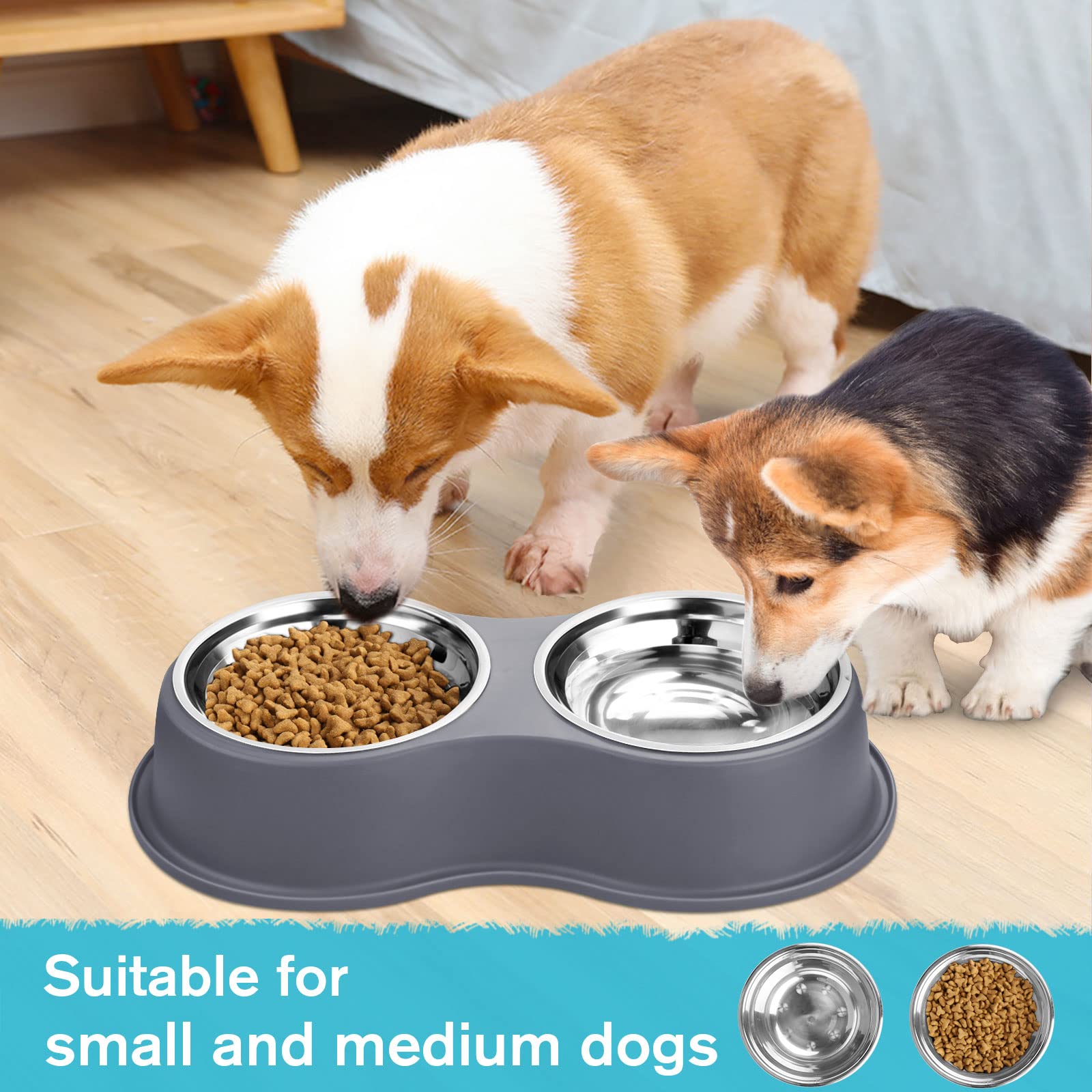 Dog Bowls Double Dog Water and Food Bowl Stainless Steel Bowl with Non-Slip Resin Station, Pet Feeder Bowls for Puppy Medium Dogs Cats
