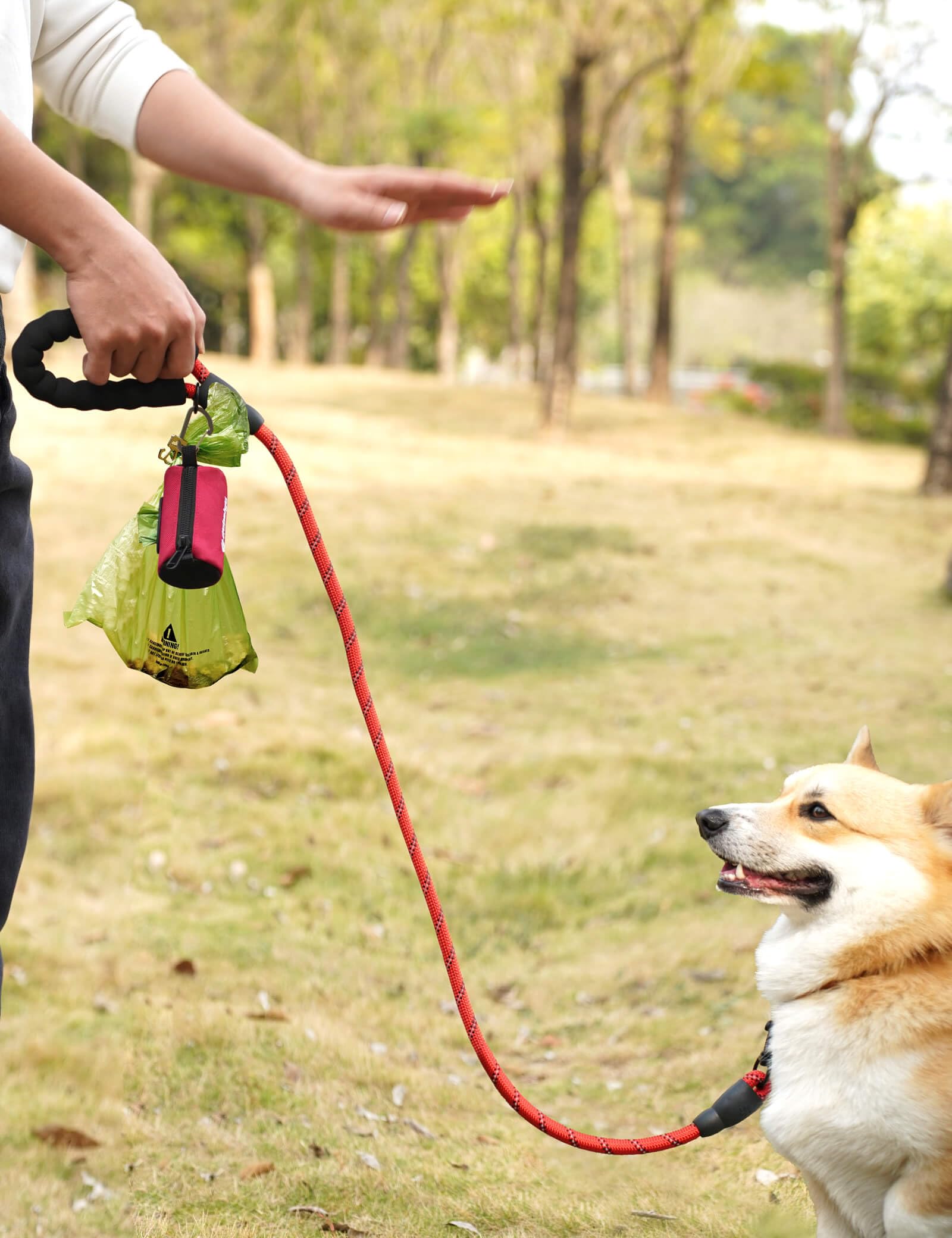 Gobeigo Dog Poop Bag Holder for Leash, Large Opening for Easy Pull Out, Doggy Poo Bag Dispenser with Used Waste Bag Carrier Suitable for Any Retractable Leash with 15 Unscented Bags (Black)