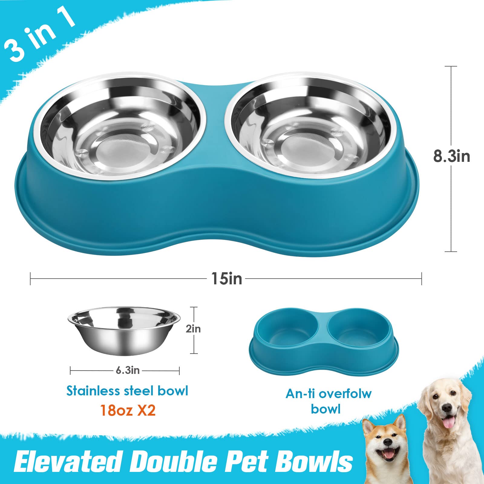Dog Bowls Double Dog Water and Food Bowl Stainless Steel Bowl with Non-Slip Resin Station, Pet Feeder Bowls for Puppy Medium Dogs Cats