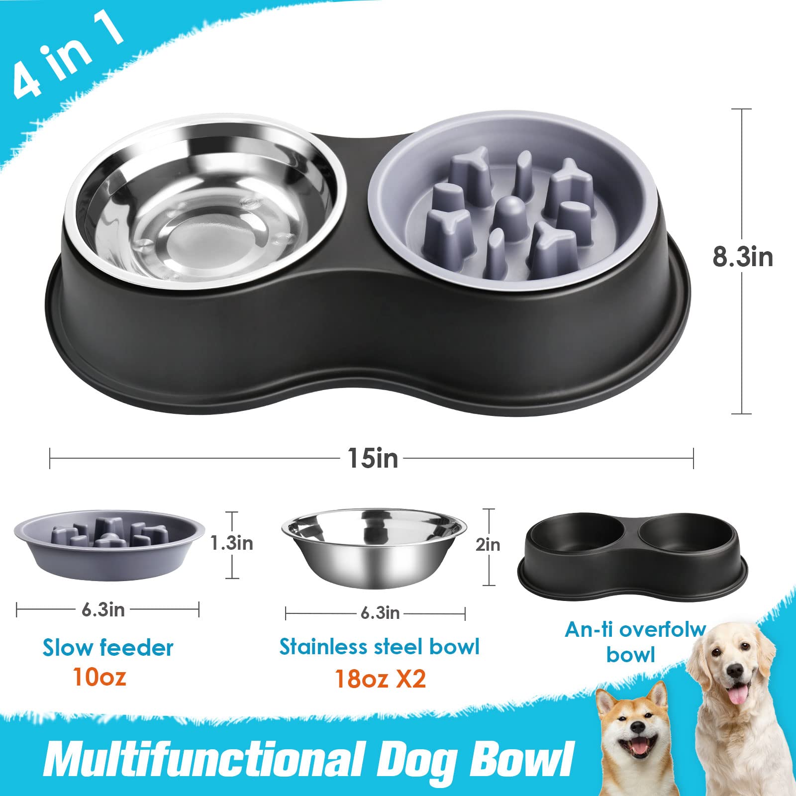 Dog Bowls Double Dog Water and Food Bowl Stainless Steel Bowl with Non-Slip Resin Station, Pet Feeder Bowls for Puppy Medium Dogs Cats