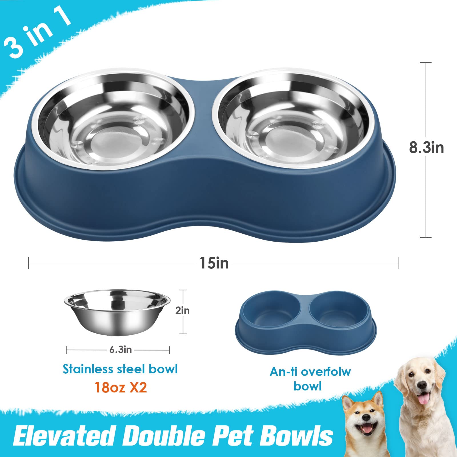 Dog Bowls Double Dog Water and Food Bowl Stainless Steel Bowl with Non-Slip Resin Station, Pet Feeder Bowls for Puppy Medium Dogs Cats