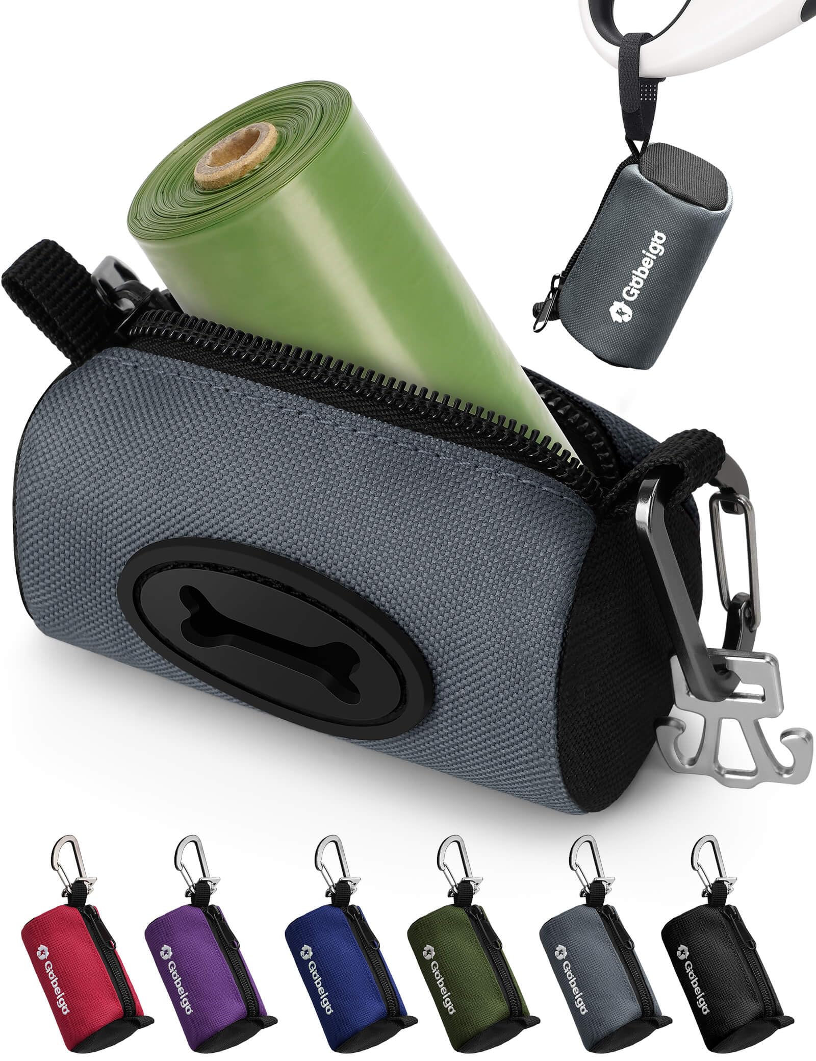 Gobeigo Dog Poop Bag Holder for Leash, Large Opening for Easy Pull Out, Doggy Poo Bag Dispenser with Used Waste Bag Carrier Suitable for Any Retractable Leash with 15 Unscented Bags (Black)