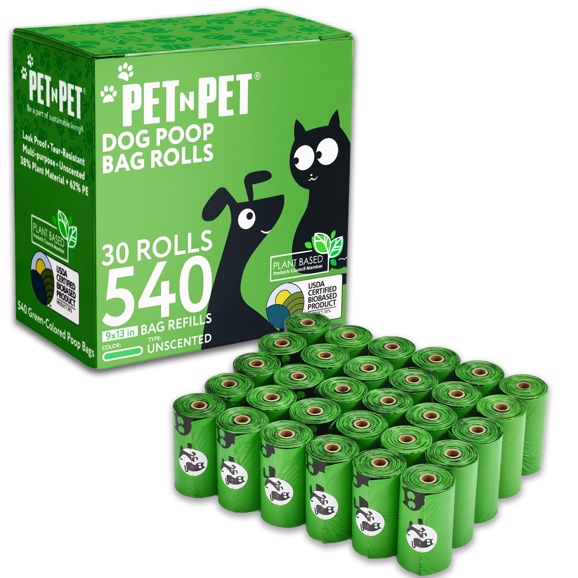 Pet N Pet 270 Counts Green Poop Bags for Dogs, 38% Plant Based & 62% PE Extra Thick Dog Poop Bags Rolls, 9" x 13", Unscented Dog Waste Bag, Pet Supplies for Dogs