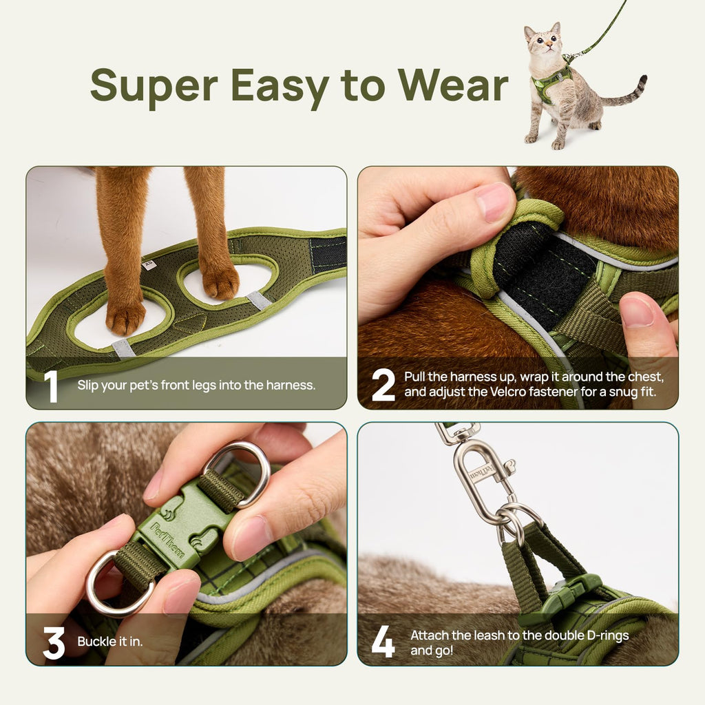 Cat Harness and Leash Set, Step-in Escape Proof Adjustable Vest Harness for Small Medium Large Cats, Lightweight Soft Breathable Reflective Kitten Harness for Walking Travel, Camping(Green, XS)