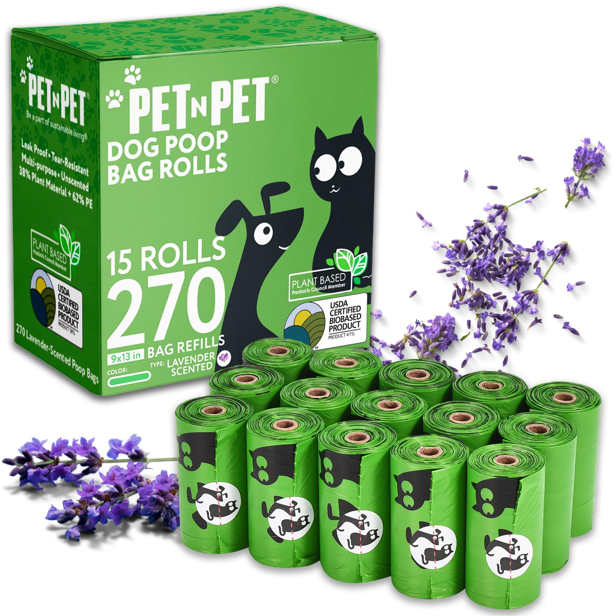 Pet N Pet 270 Counts Green Poop Bags for Dogs, 38% Plant Based & 62% PE Extra Thick Dog Poop Bags Rolls, 9" x 13", Unscented Dog Waste Bag, Pet Supplies for Dogs
