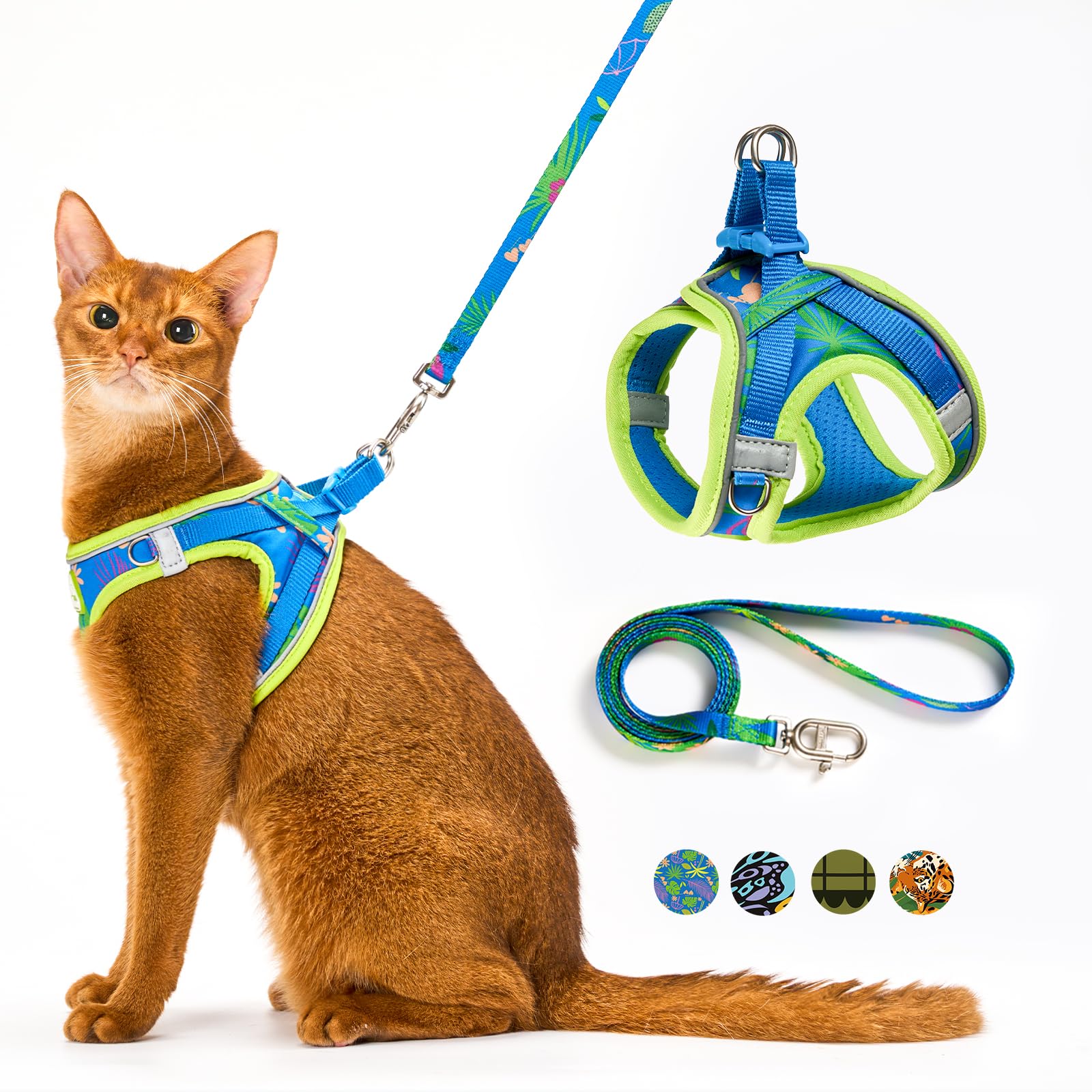 Cat Harness and Leash Set, Step-in Escape Proof Adjustable Vest Harness for Small Medium Large Cats, Lightweight Soft Breathable Reflective Kitten Harness for Walking Travel, Camping(Green, XS)
