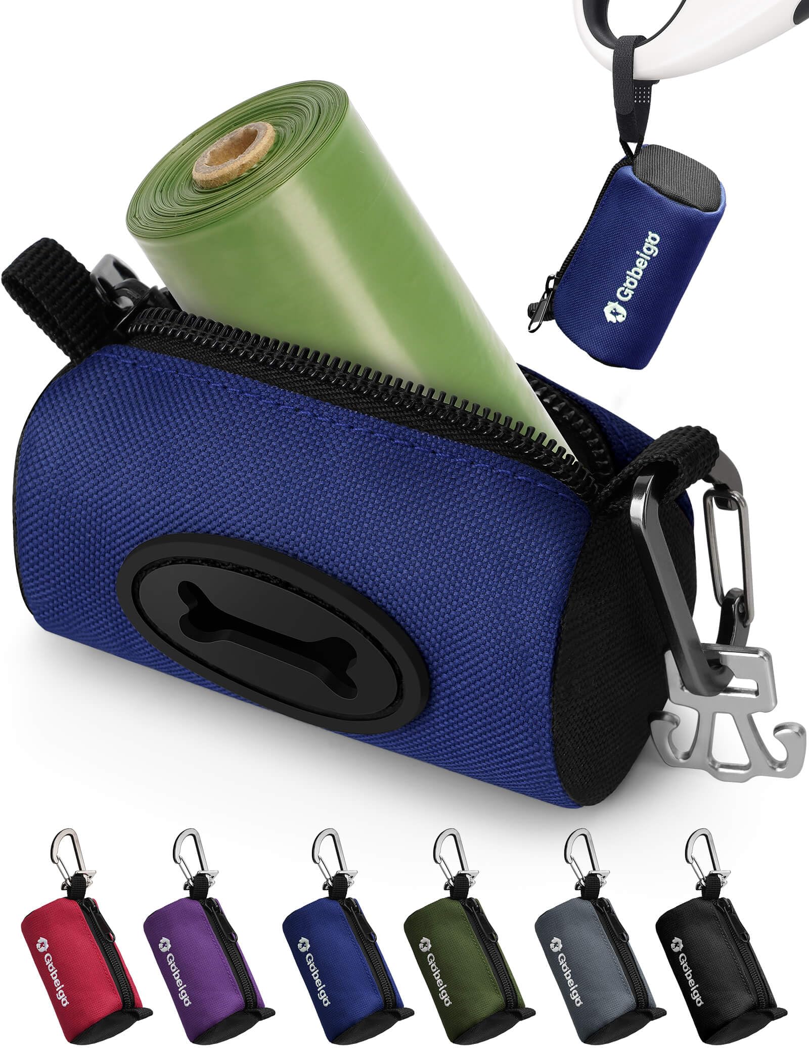 Gobeigo Dog Poop Bag Holder for Leash, Large Opening for Easy Pull Out, Doggy Poo Bag Dispenser with Used Waste Bag Carrier Suitable for Any Retractable Leash with 15 Unscented Bags (Black)