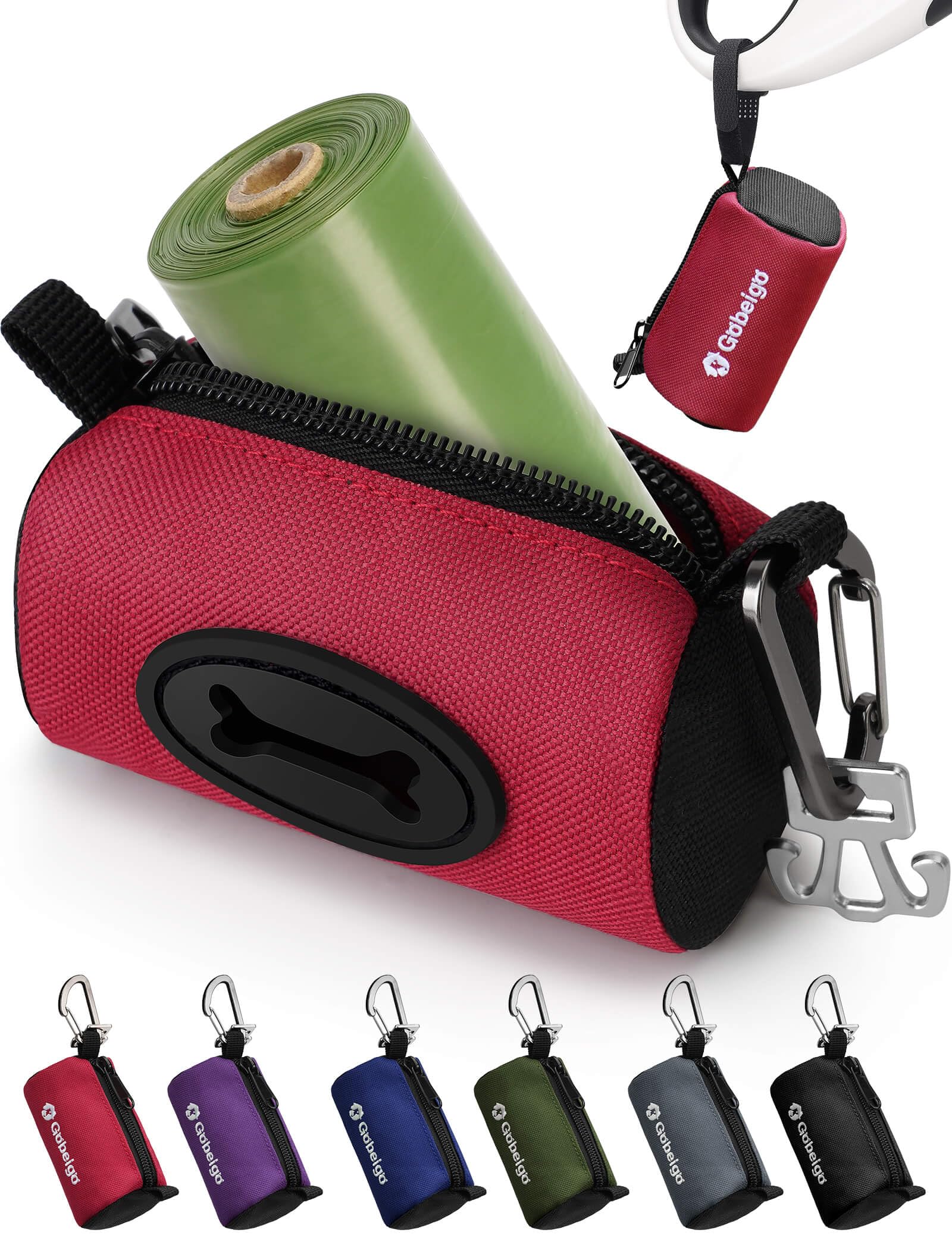 Gobeigo Dog Poop Bag Holder for Leash, Large Opening for Easy Pull Out, Doggy Poo Bag Dispenser with Used Waste Bag Carrier Suitable for Any Retractable Leash with 15 Unscented Bags (Black)