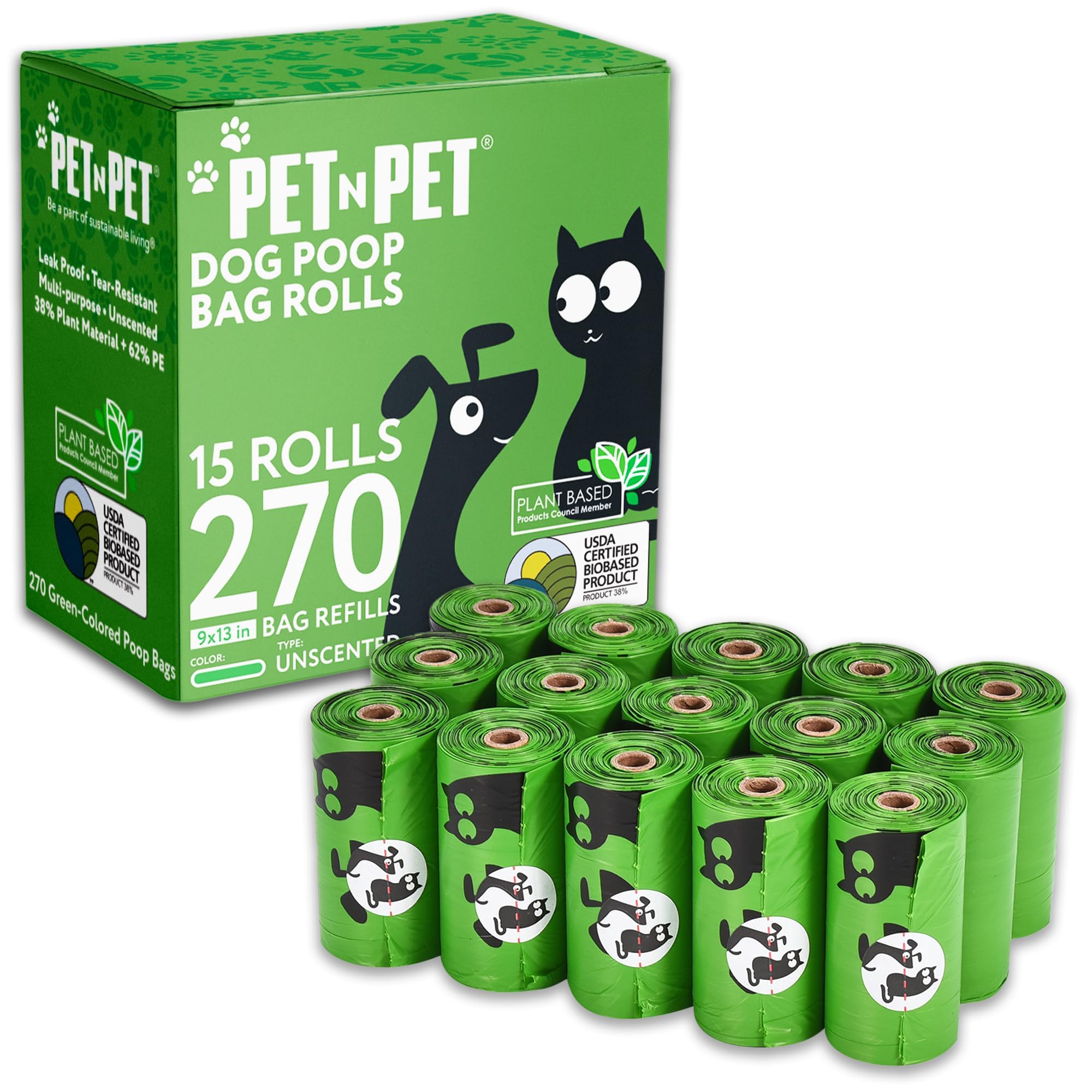 Pet N Pet 270 Counts Green Poop Bags for Dogs, 38% Plant Based & 62% PE Extra Thick Dog Poop Bags Rolls, 9" x 13", Unscented Dog Waste Bag, Pet Supplies for Dogs