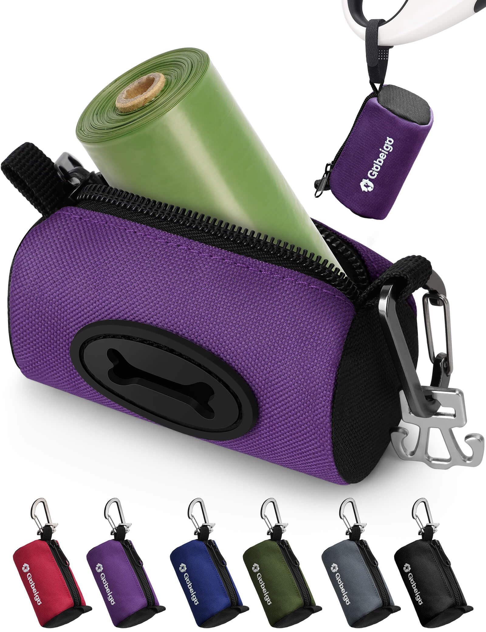 Gobeigo Dog Poop Bag Holder for Leash, Large Opening for Easy Pull Out, Doggy Poo Bag Dispenser with Used Waste Bag Carrier Suitable for Any Retractable Leash with 15 Unscented Bags (Black)