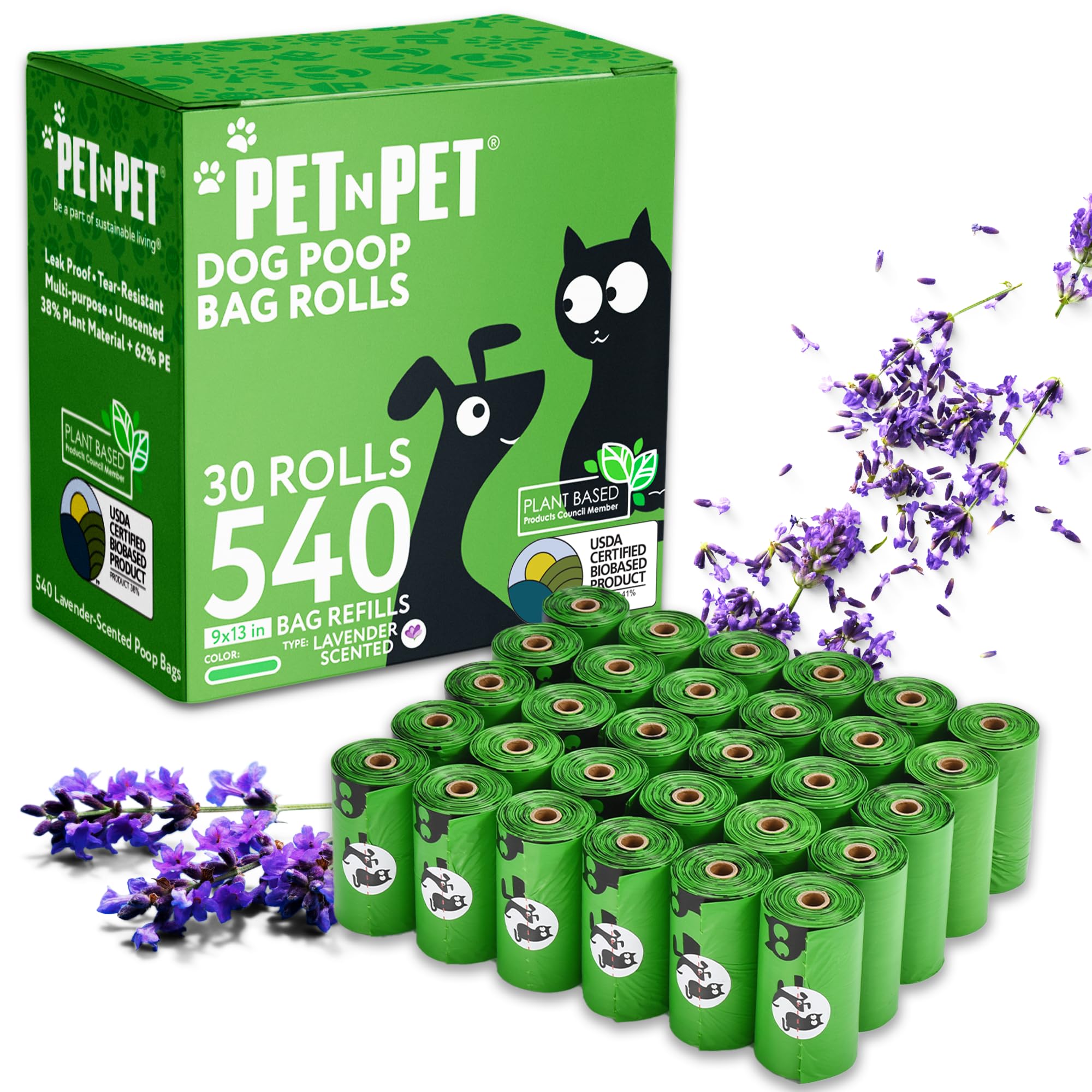 Pet N Pet 270 Counts Green Poop Bags for Dogs, 38% Plant Based & 62% PE Extra Thick Dog Poop Bags Rolls, 9" x 13", Unscented Dog Waste Bag, Pet Supplies for Dogs